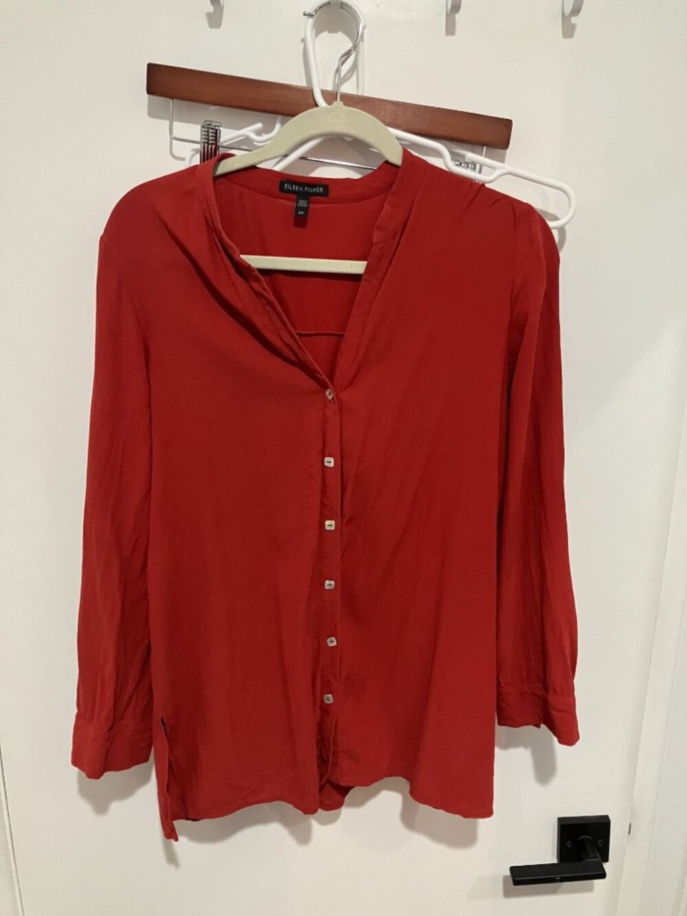 Eileen Fisher Red Silk Georgette Crepe Mandarin Collar Button Front Blouse Small